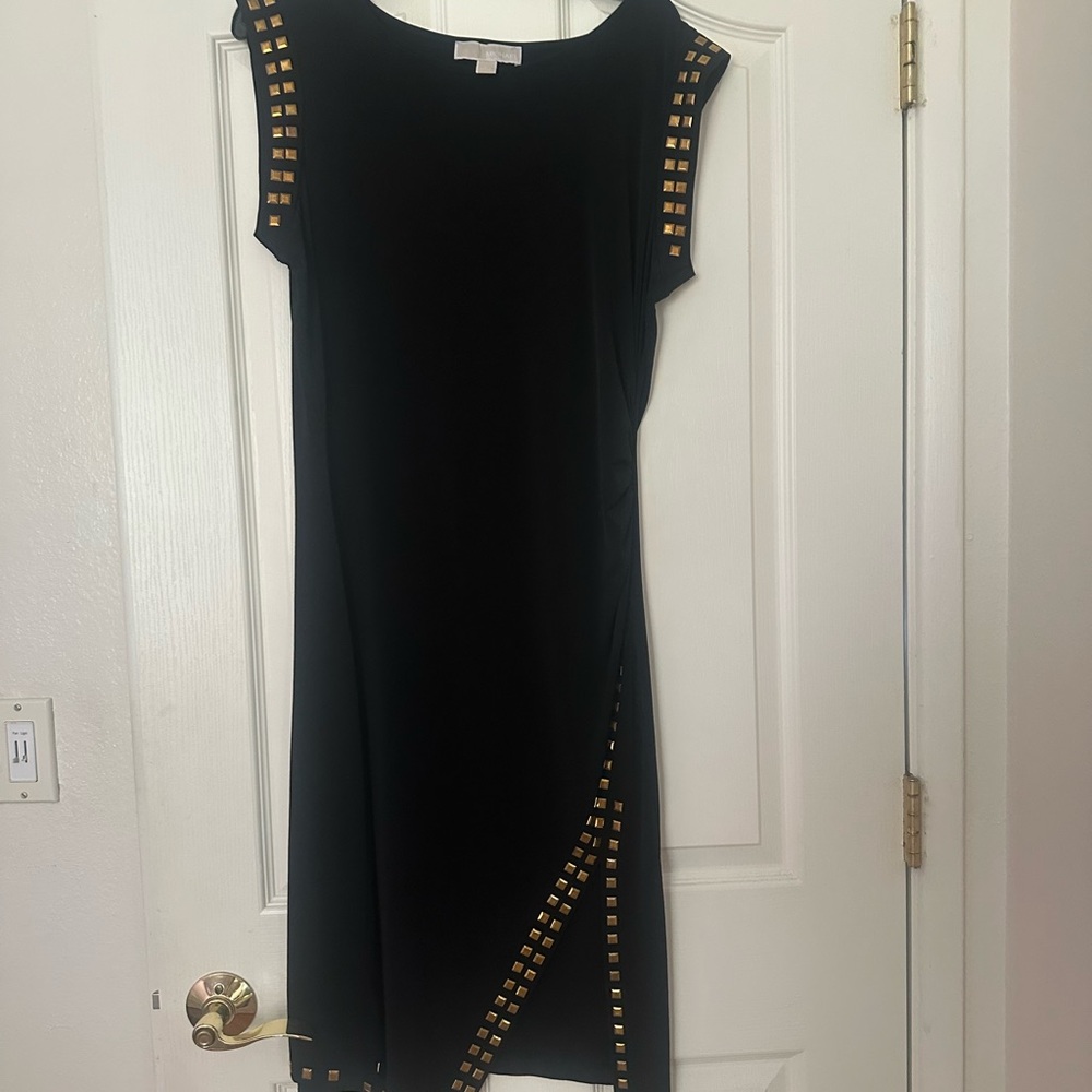 Michael Kors Black and Gold Asymmetrical Embellished Mini Dress